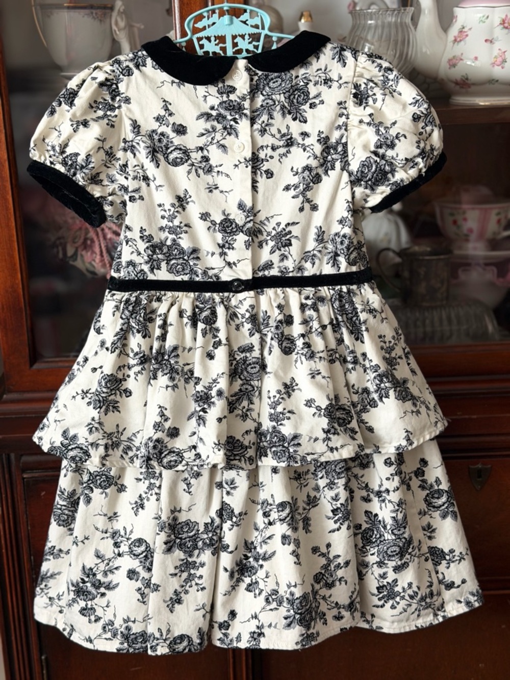 Janie and Jack Girls Cream and sugar Floral  toile Dress Black velvet Trim - Picture 9 of 11